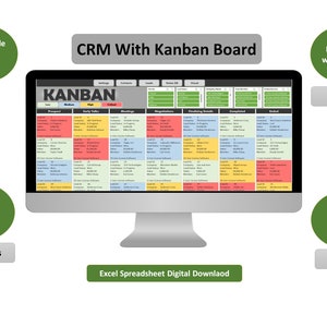 Puede incluir: Un monitor de ordenador muestra un tablero Kanban CRM, una hoja de c&aacute;lculo digital de Excel. La pantalla presenta secciones codificadas por colores para clientes potenciales, contactos y notas, con el texto "CRM With Kanban Board".