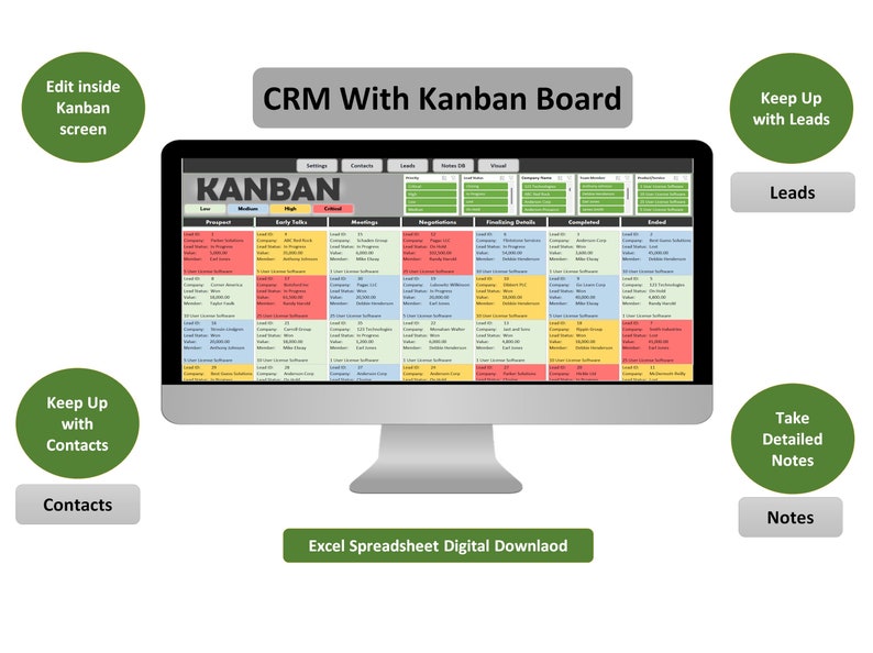 Puede incluir: Un monitor de ordenador muestra un tablero Kanban CRM, una hoja de c&aacute;lculo digital de Excel. La pantalla presenta secciones codificadas por colores para clientes potenciales, contactos y notas, con el texto "CRM With Kanban Board".