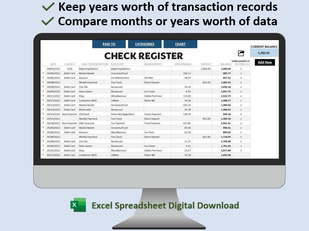 Check Register Excel Spreadsheet Etsy
