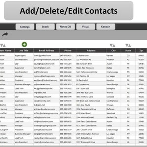 Puede incluir: Interfaz digital que muestra una lista de contactos con columnas para fecha de alta, nombre de la empresa, nombre del contacto, puesto de trabajo, correo electr&oacute;nico, tel&eacute;fono, direcci&oacute;n, ciudad, estado, c&oacute;digo postal, notas y fuente de contacto. Incluye botones para configuraci&oacute;n, clientes potenciales, notas DB, visual y Kanban.