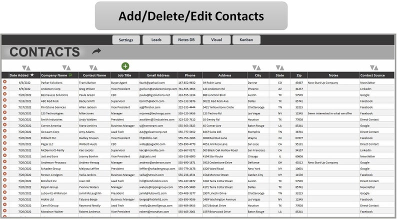 Puede incluir: Interfaz digital que muestra una lista de contactos con columnas para fecha de alta, nombre de la empresa, nombre del contacto, puesto de trabajo, correo electr&oacute;nico, tel&eacute;fono, direcci&oacute;n, ciudad, estado, c&oacute;digo postal, notas y fuente de contacto. Incluye botones para configuraci&oacute;n, clientes potenciales, notas DB, visual y Kanban.