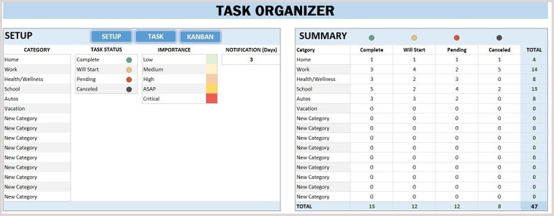 Task Organizer Kanban Board: Excel Spreadsheet (digital Download ...