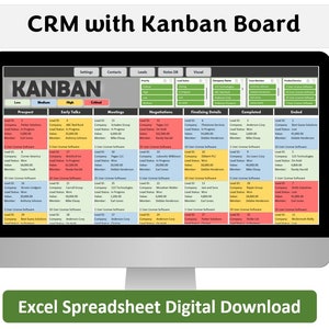 Puede incluir: Una pantalla de ordenador que muestra un CRM con un tablero Kanban. El tablero Kanban est&aacute; organizado en columnas como Prospect, Early Talks, Meetings y Negotiations. El texto "Excel Spreadsheet Digital Download" tambi&eacute;n es visible.