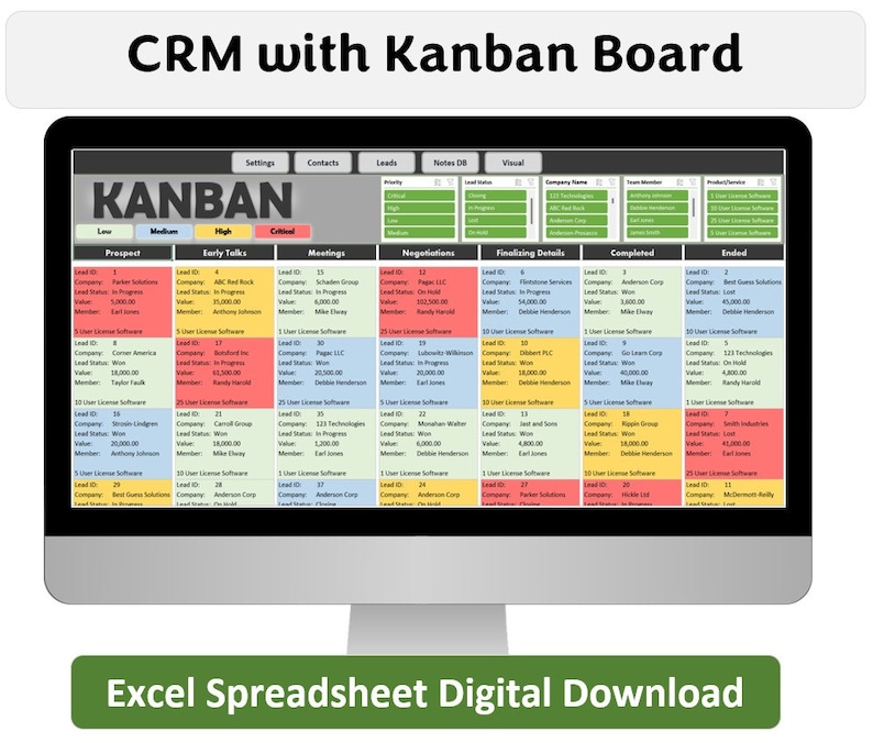 Puede incluir: Una pantalla de ordenador que muestra un CRM con un tablero Kanban. El tablero Kanban est&aacute; organizado en columnas como Prospect, Early Talks, Meetings y Negotiations. El texto "Excel Spreadsheet Digital Download" tambi&eacute;n es visible.
