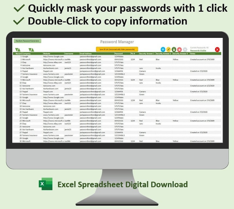 Password Manager Excel Template: Tracker & Keeper (digital Download) - Etsy