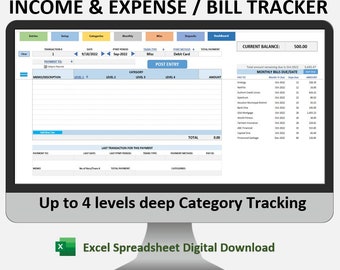 May include: A computer screen displaying a spreadsheet template for tracking income, expenses, and bills. The template has sections for entries, setup, categories, monthly, misc, deposits, and a dashboard. The spreadsheet includes a current balance of $500.00 and a list of monthly bills due with their due dates and amounts. The text "Up to 4 levels deep Category Tracking" is displayed below the spreadsheet. The screen is labeled "Excel Spreadsheet Digital Download".