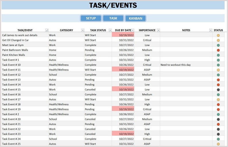 Task Organizer Kanban Board to Do List Task Tracker Task Planner Excel