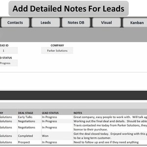 Puede incluir: Captura de pantalla de una interfaz digital titulada "NOTES" para la gesti&oacute;n de clientes potenciales. La interfaz muestra campos para la fecha de la nota, la ID del cliente potencial, la empresa, la etapa del acuerdo y el estado del cliente potencial. El texto "Add Detailed Notes For Leads" est&aacute; en la parte superior.