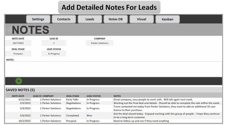 Puede incluir: Captura de pantalla de una interfaz digital titulada "NOTES" para la gesti&oacute;n de clientes potenciales. La interfaz muestra campos para la fecha de la nota, la ID del cliente potencial, la empresa, la etapa del acuerdo y el estado del cliente potencial. El texto "Add Detailed Notes For Leads" est&aacute; en la parte superior.