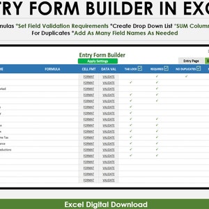 Può includere: Uno screenshot di un modello di foglio di calcolo per creare un modulo di immissione in Microsoft Excel. Il modello include campi per il nome del dipendente, la tariffa di pagamento, le ore totali lavorate, le ore regolari, la retribuzione regolare, le ore straordinarie, la retribuzione delle ore straordinarie, la retribuzione lorda, l'imposta sulla sicurezza sociale, l'imposta Medicare, l'imposta sul reddito federale, l'assicurazione sanitaria, le detrazioni aggiuntive e la retribuzione netta. Il modello include anche opzioni per impostare la formattazione delle celle, la convalida dei dati, il blocco delle schede, i campi obbligatori, senza duplicati e le colonne di somma.