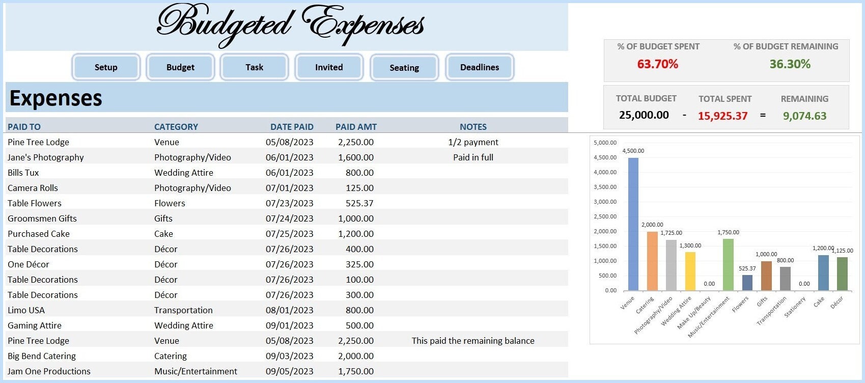 Wedding Planner Excel Spreadsheet | Wedding Budget | Wedding Checklist ...