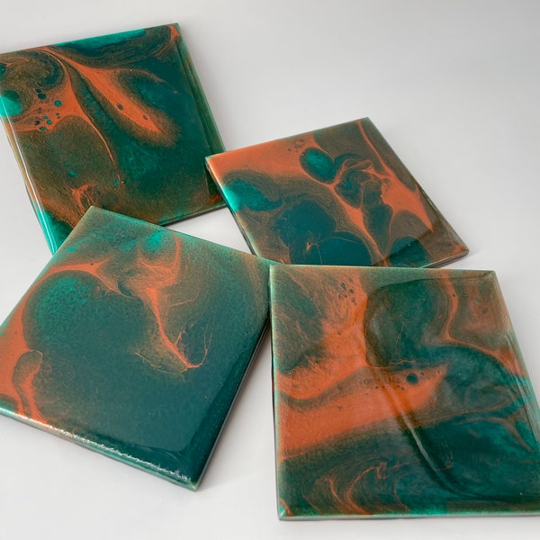 Set of 4 Hand Painted Ceramic Coasters - Resin Coated - Cork Backed - 4"x4" Coasters - Acrylic Flow Pour - Green & Copper Acid Reaction