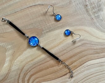 Blue and White Bracelet and Dangle Earrings Set
