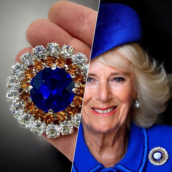 Broche topaze et saphir Queen Camilla | Cristal autrichien | Haute joaillerie audacieuse | Broche en cristal bleu consort | Bijoux fantaisie