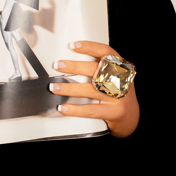Bague diamant géant en cristal, pierre de couleur champagne ombré doré de 45 mm, anneau réglable par pincement, imitations de bijoux, XL, plaqué argent