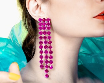 Hot Pink Crystal Waterfall Earrings | Clip On Or Pierced Available  | Large Pink Costume Earrings | Drag Queen Jewellery