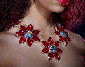 Red & Aurora Flower Necklace | Adjustable Length | Sparkling Crystal | Silver Plated | Drag Queen Necklace | Collar Necklace