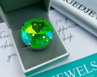 Austrian Crystal Green Cocktail Ring 27mm | Adjustable Band One Size Fits All | Single Stone Statement Ring | Imitation Diamond