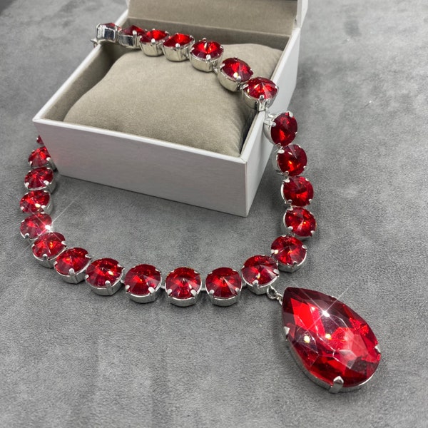 Ruby Red Teardrop Cup Chain Stone Necklace | Opulent Crystal Necklace | Statement Crystal Necklace | Just One Available