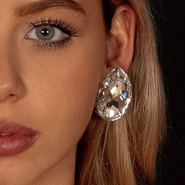Oversized Crystal Teardrop Earrings 40mm | Stud Teardrop Bling Earrings | Dramatic Crystal Earrings | Large Jewel Style Earrings