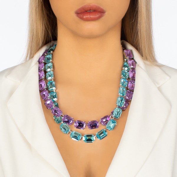 Cool Aqua & Warm Lilac Crystal Necklaces, Adjustable Up To 24” Stack Tennis Necklace, Blue Purple Pink Layer Jewellery, Silver Plate