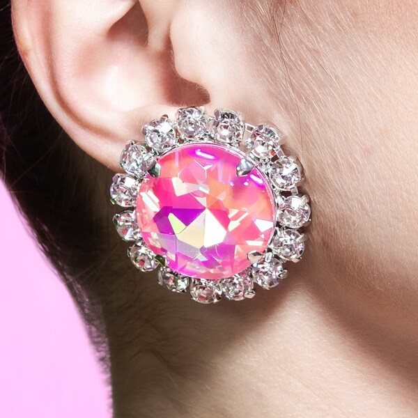 Oversized Crystal Pink Solitaire Stud Earrings | Round Earrings | Crystal Earrings | Large Button Style Earrings | Fancy 39mm Design Size