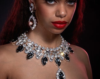 Smoked Diamond Crystal Collar Necklace & Earrings, Opulent Black Diamond Crystal, Austrian Crystal High Jewelry, Statement Crystal Jewellery