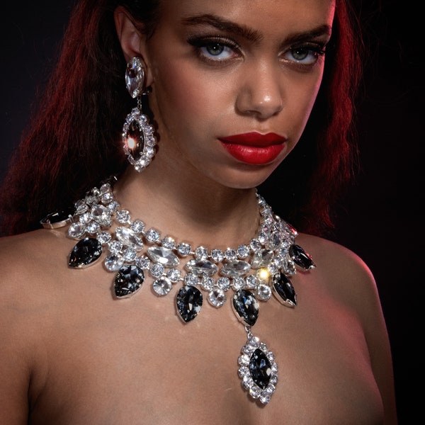 Smoked Diamond Crystal Collar Necklace & Earrings, Opulent Black Diamond Crystal, Austrian Crystal High Jewelry, Statement Crystal Jewellery