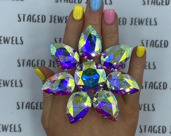 Oversized Aurora Rainbow Crystal Ring | Oversized Dress Ring in Rainbow Stone | Imitation Jewels Faux Diamond | Drag Queen Jewellery