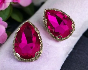 Hot Pink 32x22mm Crystal Teardrop Earrings with Diamante Surround | Pink Statement Clip On Earrings | Crystal Earrings | Fancy Earrings