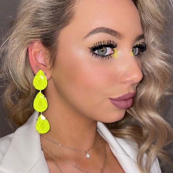 Neon Yellow Austrian Crystal Earrings | Bright Neon Teardrop | Clip On/Pierced Available | Silver Tone | Drag Queen Glam Costume Jewellery