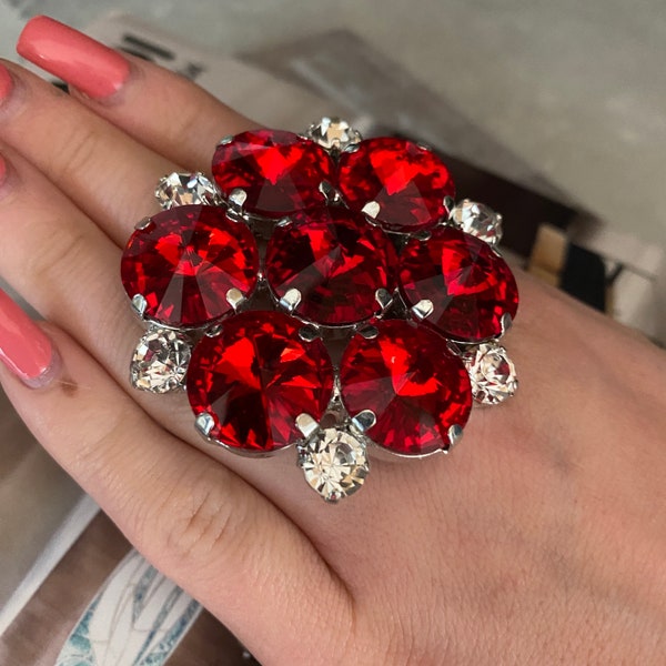 Oversized Ruby Red Crystal Statement Ring | Free Size Band | Dramatic Red Stone | Imitation Jewels Faux Diamond | Red Costume Jewellery