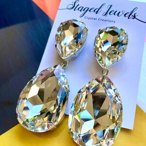 Dramatic 75mm Teardrop Crystal Earrings | Clip On or Pierced | Large Austrian Crystal Stones | Large Statement Costume Jewellery