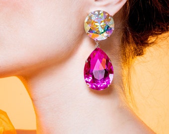Hot Pink Austrian Crystal Earrings | Clip On or Pierced | Faux Diamond Imitation Jewels | Pink Crystal Costume Jewellery