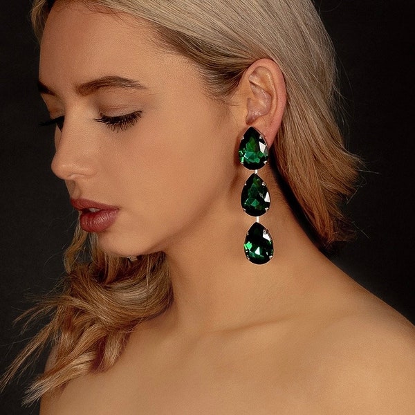 Emerald Green Tear Drop Earrings | Large Austrian Fancy Stones | Silvertone Finish | Special Occasion Earrings | Dropper Dangle Earrings
