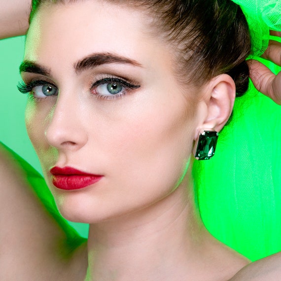 Emerald Green Stud Earrings in a Rectangle Shape Clip on Also