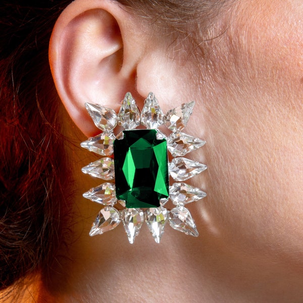 Crystal Emerald Earrings | Special occasion Earrings | Clip On or Pierced Available | Large Button Style Earrings