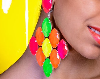 Multicolour Neon Crystal Earrings | Clip On Also Available | Multicolor Crystal Jewelry | Gemstone Earrings | Drag Queen Earrings