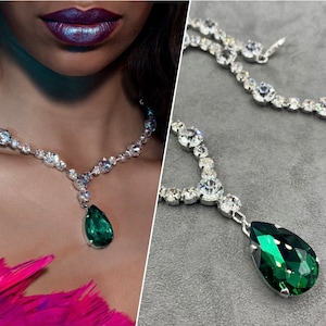 Emerald Green Austrian Crystal Pendant Necklace | Occasion Wear Necklace | Sparkling Emerald Drop Crystal | Met Gala Style