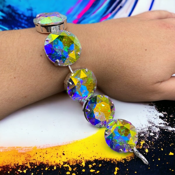 Glamorous Statement Aurora Bracelet | Northern Lights 27mm Crystals | Silver Plated | Adjustable Clasp & Extension Chain | Costume Bracelet