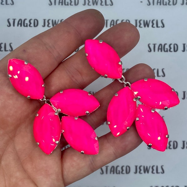 Neon Pink Drop Earrings | Bright Pink Crystal Earrings | Costume Jewelry Faux Diamonds | Evening Dress Earrings | Drag Queen