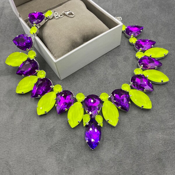 Neon Yellow & Purple Necklace | Austrian Crystal Strass Stones | Dramatic Crystal Design | Dramatic Statement Bright Necklace