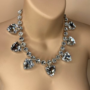 Crystal Diamond Unique Dress Necklace, Dramatic Statement Costume Jewelry, Silver Plate, Adjustable Up To 22”, Austrian Crystal Necklace