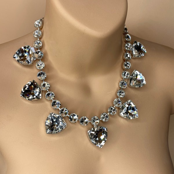 Crystal Diamond Unique Dress Necklace, Dramatic Statement Costume Jewelry, Silver Plate, Adjustable Up To 22”, Austrian Crystal Necklace