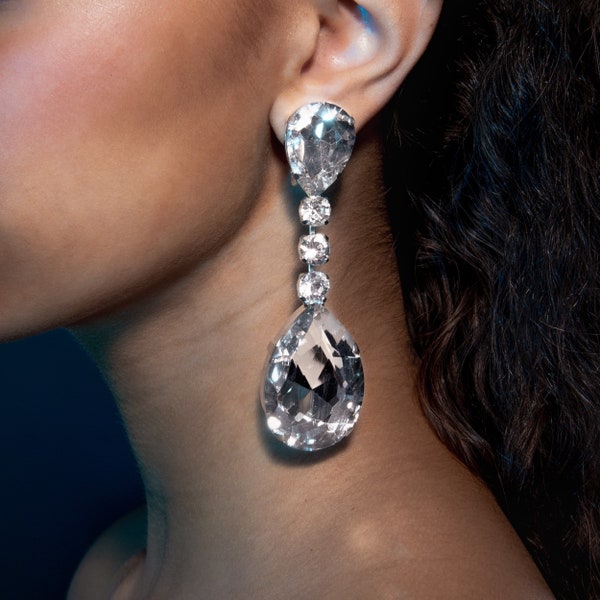 Sparkling Crystal Faux Diamond Teardrop Earrings | Clear Crystal & Silver-Tone | Clip-On or Pierced Available | Statement Earrings