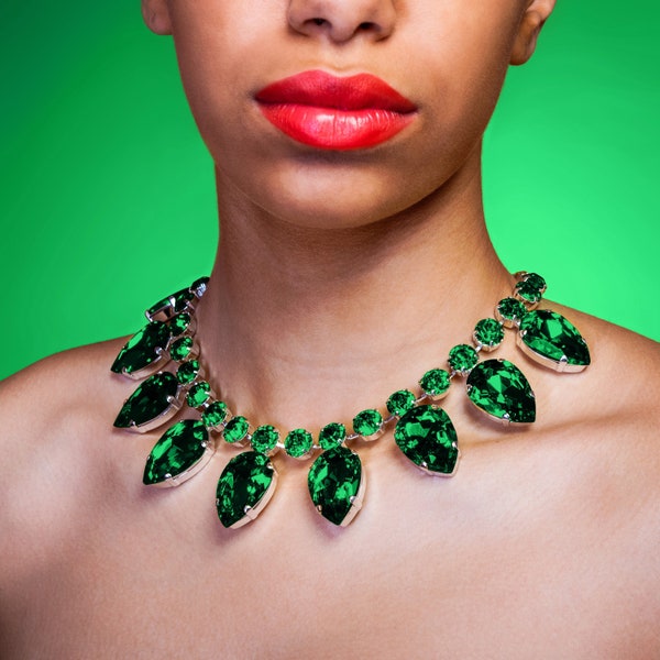 Emerald Green Austrian Crystal Teardrop Necklace | Adjustable Hook & Chain | Green Statement Dress Necklace | Drag Queen