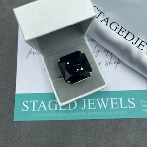 Jet Black Austrian Crystal Ring | Large Single Stone Square Ring | Fully Adjustable Size | Imitation Costume Jewellery | Faux Diamond