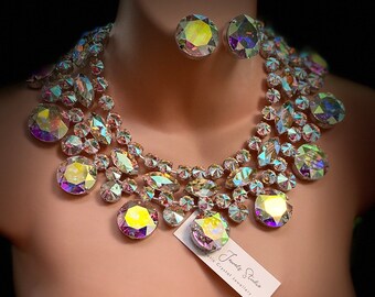 Aurora Faux Diamond Necklace Set, Austrian Crystal, Silver Plate, Adjustable to 22”, Dramatic Statement Imitation Jewels, Glamorous Necklace