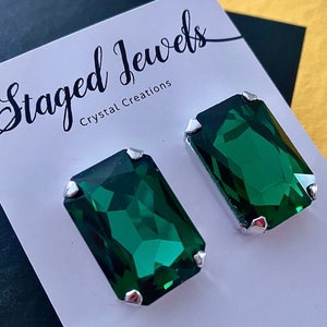 Emerald Green Stud Earrings in a Rectangle Shape | Clip On Also Available | Green Costume Jewellery | Emerald Rectangle Earrings