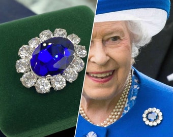 Queen Elizabeth II Sapphire Brooch | Austrian Crystal | Prince Albert Sapphire Brooch Reproduction | Blue Crystal Brooch | Costume Jewellery